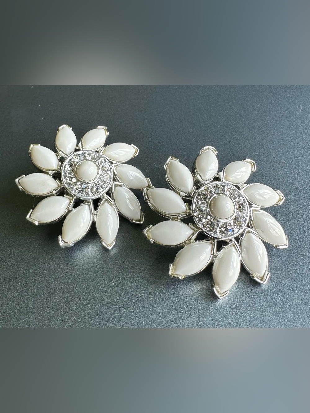 Vintage VOLUPTE White Thermoset Flower Clip On Earrings Rhinestones Mid Century